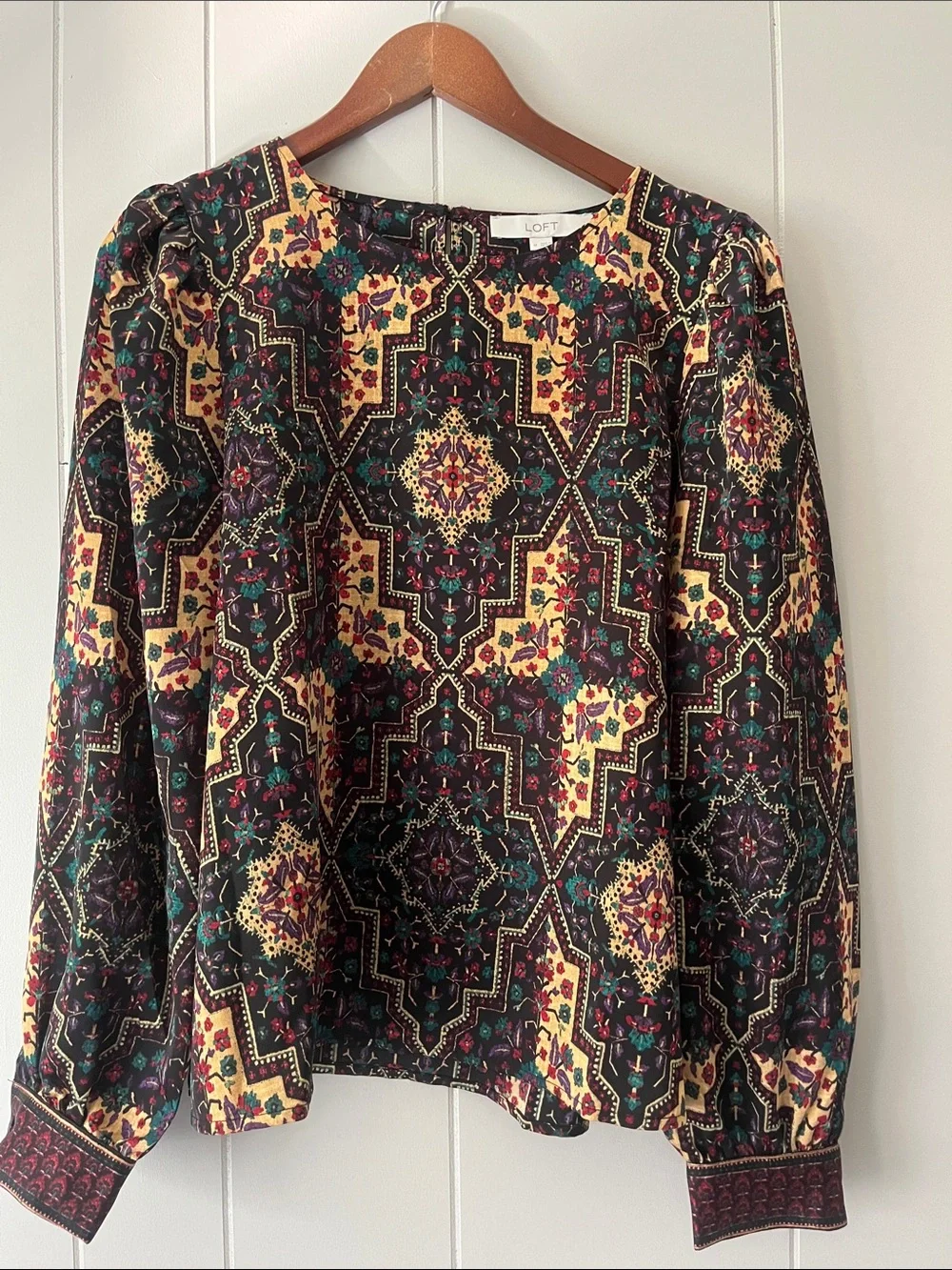 LOFT Multicolor Floral Geometric Long-Sleeve Blouse